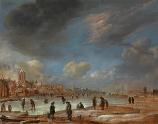Vinterlandskab nær en by med Kolf-spillere