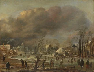 Vinterlandskab med kirke og bondegårde