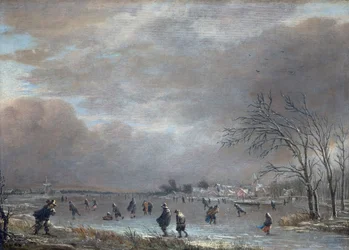 Vinterlandskab med skatere på en frossen flod (olie på panel)