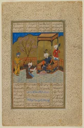 Folio fra en Khamsa (kvintet) af Amir Khusraw Dihlavi; verso: Amir Khusraw præsenterer en poesibog til Alauddin Khalji, Balkh, Afghanistan, Safavid-perioden, 1503-04 (ugennemsigtig akvarel, blæk og guld o