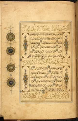 Side fra en safavidisk koran, skrevet i Herat, Afghanistan, med thuluth- og naskhi-skrift, dateret 970 AH/AD 1563, Or. 13087, f. 258r (pen og blæk på papir)