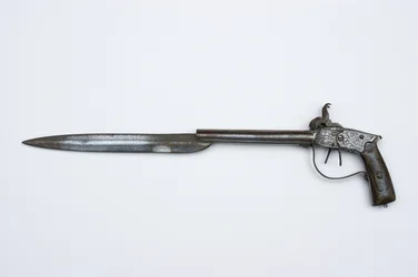 Dobbeltløbet slagpistol, ca. 1840 (stål, messing og horn)