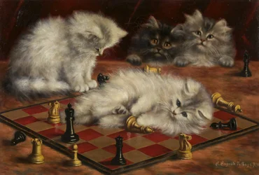 Katte med et skakbræt (olie på lærred)