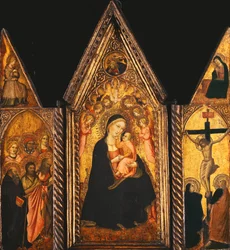 En bærbar triptykon med madonnaen og barnet tronet med engle,