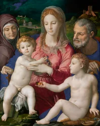 La Sainte Famille avec Sainte Anne et Saint Jean Baptiste - Den hellige familie med de hellige Anne og Johannes Døberen - Maleri af Agnolo Bronzino (Allori Angelo di Cosimo dit Bronzino
