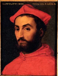 Portræt af kardinal Ippolito de Medici (1511-1535) Maleri af Allori Angelo di Cosimo dit Bronzino (1503-1572) - 1500-tallet Søn 15x12 cm Palace Medici-Riccardi (Medici Riccardi) Firenze