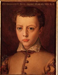 Portræt af Ferdinand I af Medicis (Ferdinando I de Medici) (1549-1609) ung dreng Maleri af Allori Angelo di Cosimo dit Bronzino (1503-1572) 1500-tallet Søn 15x12 cm Palace Medici-Riccardi (Medici Riccardi) Firenze