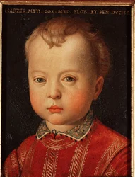 Portræt af Garzia de Medicis (Garzia de Medici) (1547-1562) Børnemaleri af Allori Angelo di Cosimo dit Bronzino (1503-1572) 1500-tallet Søn 15x12 cm Palace Medici-Riccardi (Medici Riccardi) Firenze