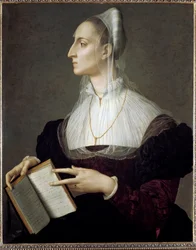 Portræt af den italienske digterinde Laura Battiferri, der læser Petrarkas sonetter (olie på panel)