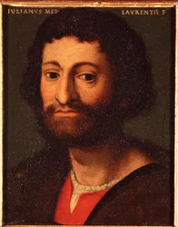 Portræt af Julien de Medicis (1478-1516) (Giuliano de Medici) Hertug af Nemours Maleri af Allori Angelo di Cosimo dit Bronzino (1503-1572) - 1500-tallet søn 15x12 cm Palace Medici-Riccardi (Medici Riccardi) Firenze