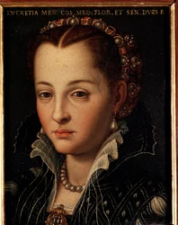 Portræt af Lucrezia de Medici (eller Lucrezia di Cosimo de Medici eller Lucrezia de Medici) (1545-1561). Maleri af Allori Angelo di Cosimo, kaldet Bronzino (1503-1572) - 16. århundrede, mål 15 x 12 cm, Palazzo Medici-Riccardi, Firenze