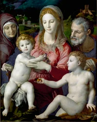 Den hellige familie med Sankt Anne og Sankt Johannes Barnemaleri af Agnolo di Cosimo dit Bronzino (1503-1572) 1550 Søn. 124,5x99,5 cm Kunsthistorisches Museum Wien