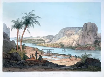 Udvendig udsigt over de to templer i Ybsambul, Egypten, 1820