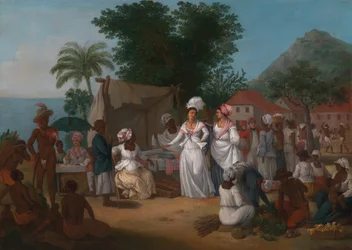 Et linnedmarked med en linnedbod og grøntsagssælger i Vestindien, ca. 1780.