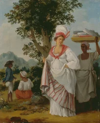 En vestindisk kreolsk kvinde overværet af sin sorte tjener, ca. 1780.