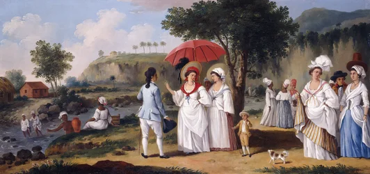 Mulatkvinder på bredden af floden Roseau, Dominica,