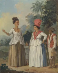 Vestindiske farvede kvinder med et barn og sort tjener, ca. 1780.