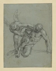 Amor overmander Pan (recto); hoved af en munk; karikatur af en mand i profil (verso)