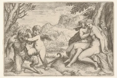 Kærlighed overvinder alt Omnia vincit Amor, i en kamp med en satyr placerer Amor sin højre kn..., 1599.