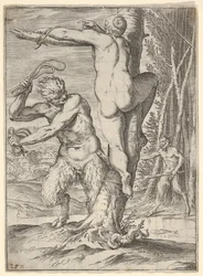 En satyr, der pisker en nymfe, set bagfra og bundet til et træ, en anden satyr..., ca. 1590-95