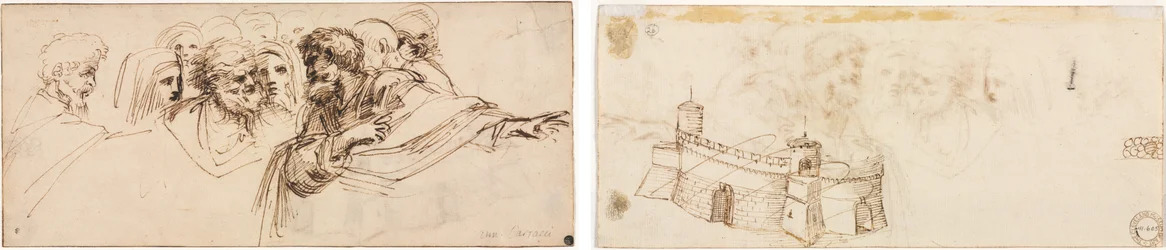 Studie af hoveder (recto); Kreneleret fæstning (verso)