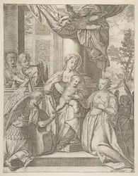 Det mystiske ægteskab mellem Saint Catherine, der sidder i centrum med Kristusbarnet, engle med..., 1585.