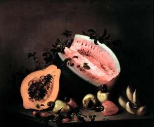Stilleben med papaya, vandmelon og cashewnødder