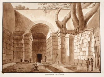 Emissarium of Lake Albano, 1833 (ætsning med brun vask)