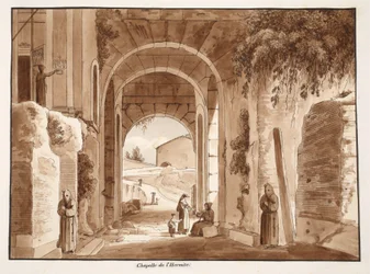 Eremitens kapel i Colosseum, 1833 (radering med brun vask)