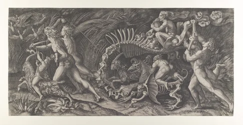 Lo Stregozzo: en kvindelig heks, der rider på et dyreskelet, efterfulgt af to mænd og ..., ca. 1515-25.