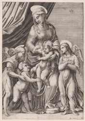 Jomfruen, spædbarnet Kristus, spædbarnet Sankt Johannes og to engle, dateret 1516.