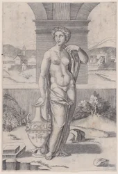 Kvinde stående nær en vase, ca. 1514-36.