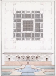 Højde af sydfronten og havepaladset i Suraj Bhawan ved Dig, ca. 1830 (blyant, pen og gråt blæk og akvarel)