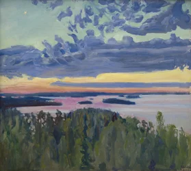 Solnedgang over en sø.