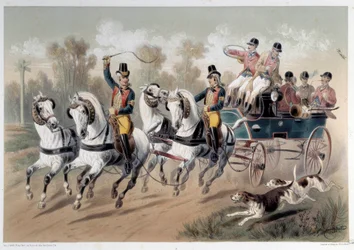 Jagtpause, jægernes start Tryk af Albert Adam (1833-?) 1800-tallets Paris, Musee Carnavalet