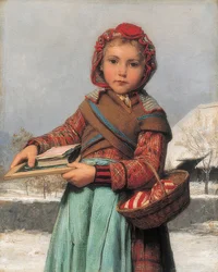 Skolepige med skiffertavle og sykurv, 1878