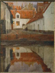 En lille by på flodbredden, Flandern (maleri på lærred)