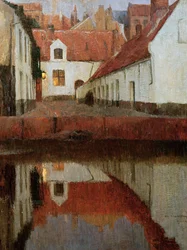 Lille by på kanten af vandet, i skumringen, 1899