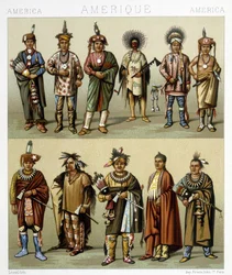 Rød Fyrredragt. Illustration i ""Det historiske kostume""" af Racinet