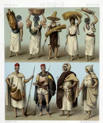 Kostumer fra Algeriet og Tunesien. Illustration i "Le costume historique"" af Racinet