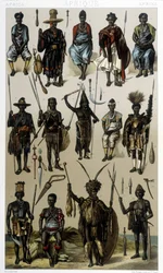 Kostumer fra Guinee, Senegal og Gabon. Illustration i "Le costume historique"" af Racinet