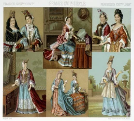 Mode og frisør i Frankrig i det 18. århundrede - i "" Le costume historique"" af Racinet, slutningen af det 19. århundrede