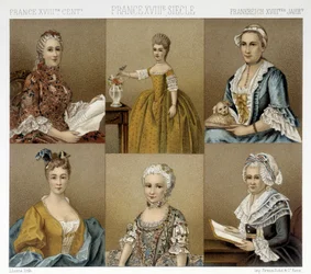 Fransk feminin mode i det 18. århundrede. Illustration i "" Le costume historique"" af Racinet