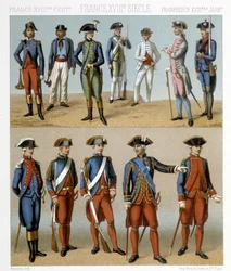 Franske militærdragter i det 18. århundrede. Illustration i "" Le costume historique"" af Racinet