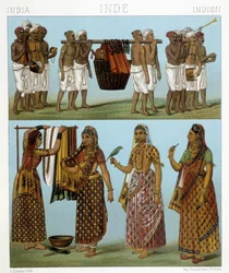 Begravelse (øverst på billedet) og vaskeri (nederst på billedet) i Indien. Illustration i "" Le costume historique"" af Racinet