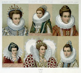 Frisør i Frankrig i det 16. århundrede (og portræt af Marie de Medici) - i "" Le costume historique"" af Racinet, slutningen af det 19. århundrede