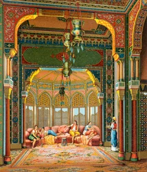 Interiør af tyrkisk bygning, Illustration fra Complete Costume History af Auguste Racinet