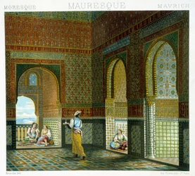 Interiør i et maurisk hus (Alhambra, Velsignelsens sal). Kromolitografisk planche - i „Le costume historique“ af Racinet