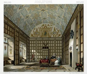 Interiør af et stateligt hus i England i det 17. århundrede. Illustration i "" Le costume historique"" af Racinet
