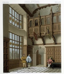Interiør af et stateligt hus i England i det 18. århundrede. Illustration i "" Le costume historique"" af Racinet